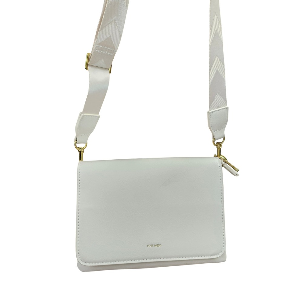 Pixie Mood White‎ Vegan Leather Crossbody Bag Gold Hardware Chevron Strap Small